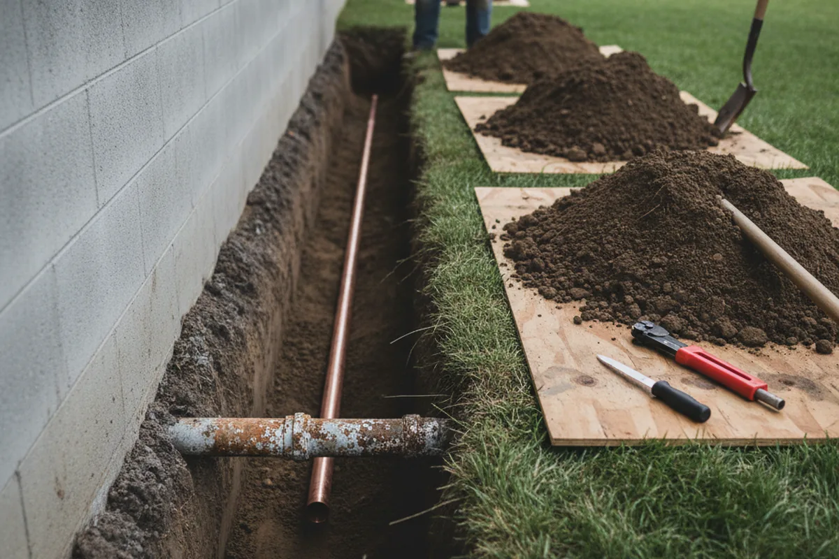 Excavated water line trench during Water Heater Repair in Eclectic